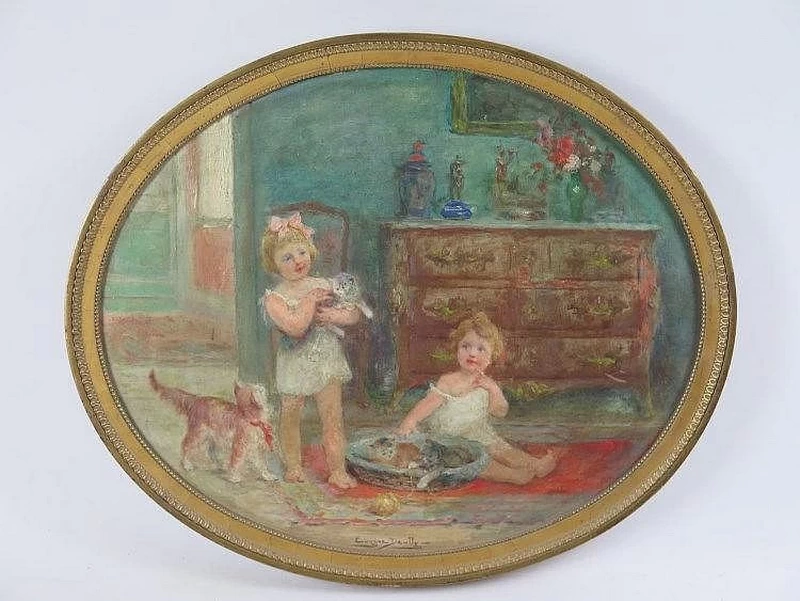 Eugène Auguste François Deully - Bambine e gattini in un interno borghese